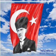 70x105 cm Saten Kumaş Türkiye Bayrağı - Atatürk Fotoğraflı Kalpaklı Bayrak