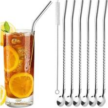 7'li Paslanmaz Çelik Kaşıklı Metal Pipet Seti 6 Adet Pipet ve Pipet Temizleme Fırçası Cam Pipet