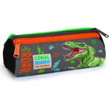 High Gri Yeşil T-Rex Üç Bölmeli Kalem Çantası -Erkek Çocuk
