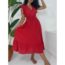 Artsviva Omuzları Fırfırlı Sıfır Kol Beli Lastikli Bağcıklı Ayrobin Elbise -Kırmızı