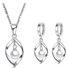 Mimozaavm 925 Ayar Gümüş Inci Taşlı Özel Tasarım Gümüş Kolye Ve Küpe Seti