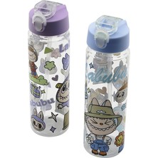 Femina Trendy Labubu Çocuk Çizgi Film Karakter Resimli Su Matarası Şeffaf Plastik Pipetli Kilitli Ka