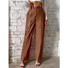 Femina Trendy Kadın Önden Fermuarlı Cepli Geniş Kesim Lame Deri Pantolon