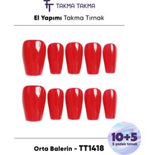 Takma Takma 15'li Kırmızı Orta Balerin TT1418 Tekrar Kullanılabilir El Yapımı Protez Takma Tırnak - Kırmızı-S