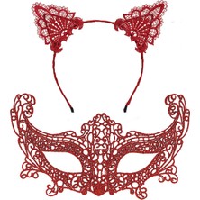 Hediye Bahçesi Romantik Kırmızı Dantel Maske Seti – Kedi Kulaklı Taç ve Maske No 3