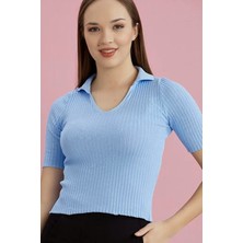 Alışveriş Sokağı Polo Yaka Kısa Kol Kaşkorse Bluz Mavi Renk