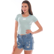 Alışveriş Sokağı Yazı Baskılı Likralı Lila Bluz