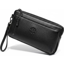 Crazy Erkek Deri Görünümlü Parmak Izi Kilitli 3 Fermuarlı El ve Cüzdan Çantası - Siyah