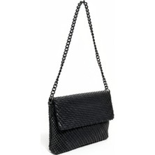 Crazy Siyah Örgü Desenli Ithal Yumuşak Deri Kadın El ve Omuz Çantası – Çapraz Askılı Şık Model