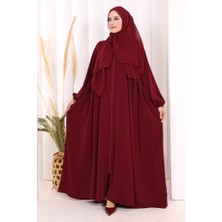 Bym Fashion Oval Büzgülü Kol Manşetleri Lastikli Fermuarlı Tam Boy Ferace 6005 Bordo