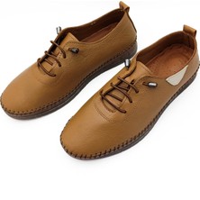 Gdt Ayakkabı Hakiki Deri Taba Renk Ortopedik  Düz Taban Kadın Babet Ayakkabı