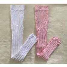 Düven 2'li Kız Çocuk Desenli Külotlu Çorap ( 80 Den Orta Kalın Mevsimlik Külotlu Çorap ) Beyaz & Pembe