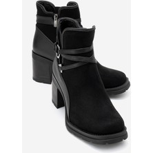 Luvi Wern Siyah Süet Kemerli Toka Detaylı Kadın Kalın Topuklu Bot