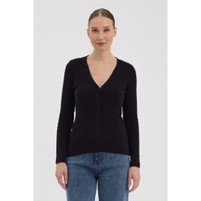 Hateko Kadın Saf %100 Pamuk Siyah Saç Örgü Triko Hırka – Örgü Desenli