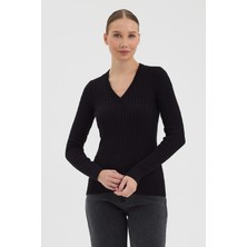 Hateko Kadın Saf %100 Pamuk Siyah V Yaka Saç Örgü Triko Kazak – Örgü Desenli