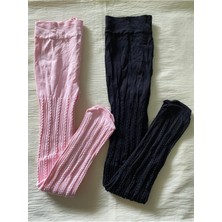 Düven 2'li Kız Çocuk Desenli Külotlu Çorap ( 80 Den Orta Kalın Mevsimlik Külotlu Çorap ) Pembe & Siyah