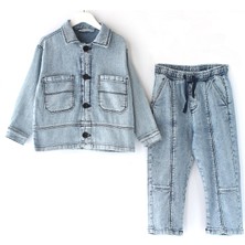 DobaKids Erkek Bebek Denim Gömlek Pantolon Alt Üst Takım Mavi Renk Bebek Kot Takım