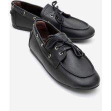 Luvi Serelıs Siyah Cilt Hakiki Deri Bağcıklı Kadın Loafer Ayakkabı