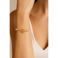 Solare Accessories Zirkon Taşlı Çiçek Figürlü Inci Bileklik