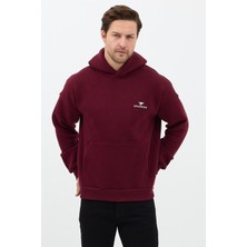 Sparrow Erkek Oversize Pamuklu Kanguru Cepli Basic 3 Iplik Nakışlı Kapüşonlu Sweatshirt Bordo - L