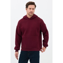 Sparrow Erkek Oversize Pamuklu Kanguru Cepli 3 Iplik Basic Kapüşonlu Sweatshirt Bordo - 2xl