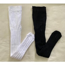 Düven 2'li Kız Çocuk Desenli Külotlu Çorap ( 80 Den Orta Kalın Mevsimlik Külotlu Çorap ) Siyah & Beyaz