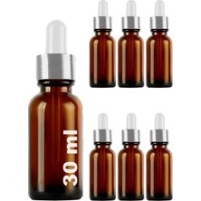 Afracam 30 ml Amber Cam Damlalık Kahverengi Serum Şişesi 30 cc Beyaz Gümüş Kapaklı Dropper Cam Şişe 6 Adet