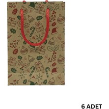 Roco Paper Co. Yılbaşı Desenli Kraft Karton Çanta Seti - 6lı, Kırmızı Saplı Parti, Noel, Hediye Çantası, 12X17 cm