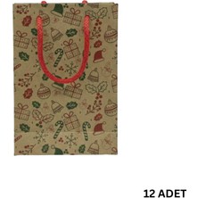 Roco Paper Co. Yılbaşı Desenli Kraft Karton Çanta SETI-12LI, Parti, Noel, Hediye Çantası, Kırmızı Ipli, 12X17 cm