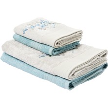 Mena Rise Mimosa Çiçek Desenli%60 Pamuk%40 Viskoz Seti, Taş-Nil Mavisi, 2 Adet 70X150 cm Havlu, 2 Adet 50X90 cm Havlu