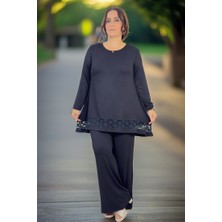 YAĞMURBEREN Yagmur Beren  Etek Ucu Güpür Detay Bisiklet Yaka Bluz Beli Lastikli Pantolon Büyük Beden Ikili Takım