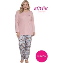 Bie's Kadın Pembe Çiçek Desen 3 Düğme Likralı Viskon Mevsimlik Büyük Beden Uzun Kol Pijama Takımı