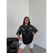 Rawea Fashion Unisex Bisiklet Yaka Baskılı Oversize T-Shirt - Siyah