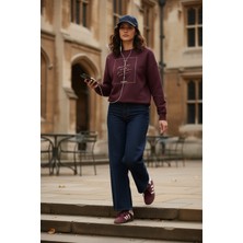 Amia&Co. Bordo Bisiklet Yaka Baskılı Şardonlu Oversize Sstdeatshirt
