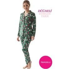 Guava Kadın Yeşil Noel Desenli Mevsimlik Pamuk Likra Göğüs Cepli Boydan Önden Düğmeli Uzun Kol Pijama Takımı