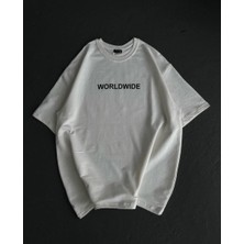 Rawea Fashion Unisex Bisiklet Yaka Baskılı Oversize T-Shirt - Beyaz