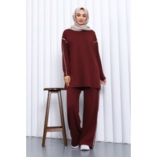 İmaj Butik Bordo Biyeli Tunik Pantolonlu Modal Takım