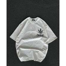 Rawea Fashion Unisex Bisiklet Yaka Baskılı Oversize T-Shirt - Beyaz