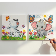 Dudu Ahşap Anaokulu İlkokul  Etkinliği 2'li Tuval Boyama Seti 20 x 20 cm Uv Baskı + 6 Akrilik Boya + 1 Fırça Model 45