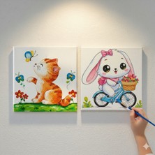 Dudu Ahşap Anaokulu İlkokul  Etkinliği 2'li Tuval Boyama Seti 20 x 20 cm Uv Baskı + 6 Akrilik Boya + 1 Fırça Model 34