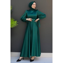 Giza Store Saten Kemerli Elbise Zümrüt