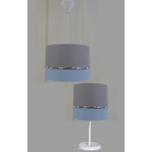 Onay Avize Gri Mavi M-0396 Kumaş Kaplama 2.li Set Yatak Odası Genç ve Çocuk Odası Avize ve Abajur Seti