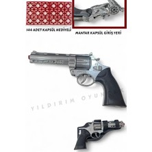 Yıldırım Oyuncak Gri Metal Revolver Silah 25 cm Mantar Kapsül Atan Tabanca Revolver 144 Adet Kapsül Hediyeli
