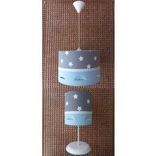 Onay Avize Gri Yıldızlı Mavi Motifli 2.li Set M-0400 Kumaş Kaplama Genç ve Çocuk Odası Avize ve Abajur Takımı