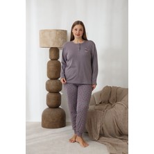 Temporium Kadın Kışlık Büyük Beden Curve Nakışlı Desenli Yakası Düğmeli Uzun Kollu Pijama Takımı