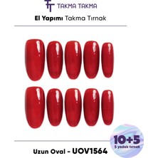 Takma Takma 15'li Kırmızı Uzun Oval UOV1564 Tekrar Kullanılabilir El Yapımı Protez Takma Tırnak - Kırmızı-L