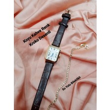 Brality Vintage Kadın Kol Saati- Gold Kasa- Oval Model- Koyu Kahve Kroko Desenli Kordon TT0054