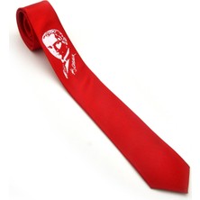 Gaffy Atatürk Portre ve Imza Baskılı Slim Fit Saten Kırmızı Kravat - Ak-08
