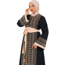 Zaytoon Kadın Elbise – Saten Kemerli Siyah Filistin Nakışlı Kadın Elbise