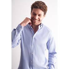 İmza Beyaz - Mavi Düğmeli Yaka Kareli Desen Uzun Kol Premium Slim Fit %100 Pamuk Gömlek 1004255186